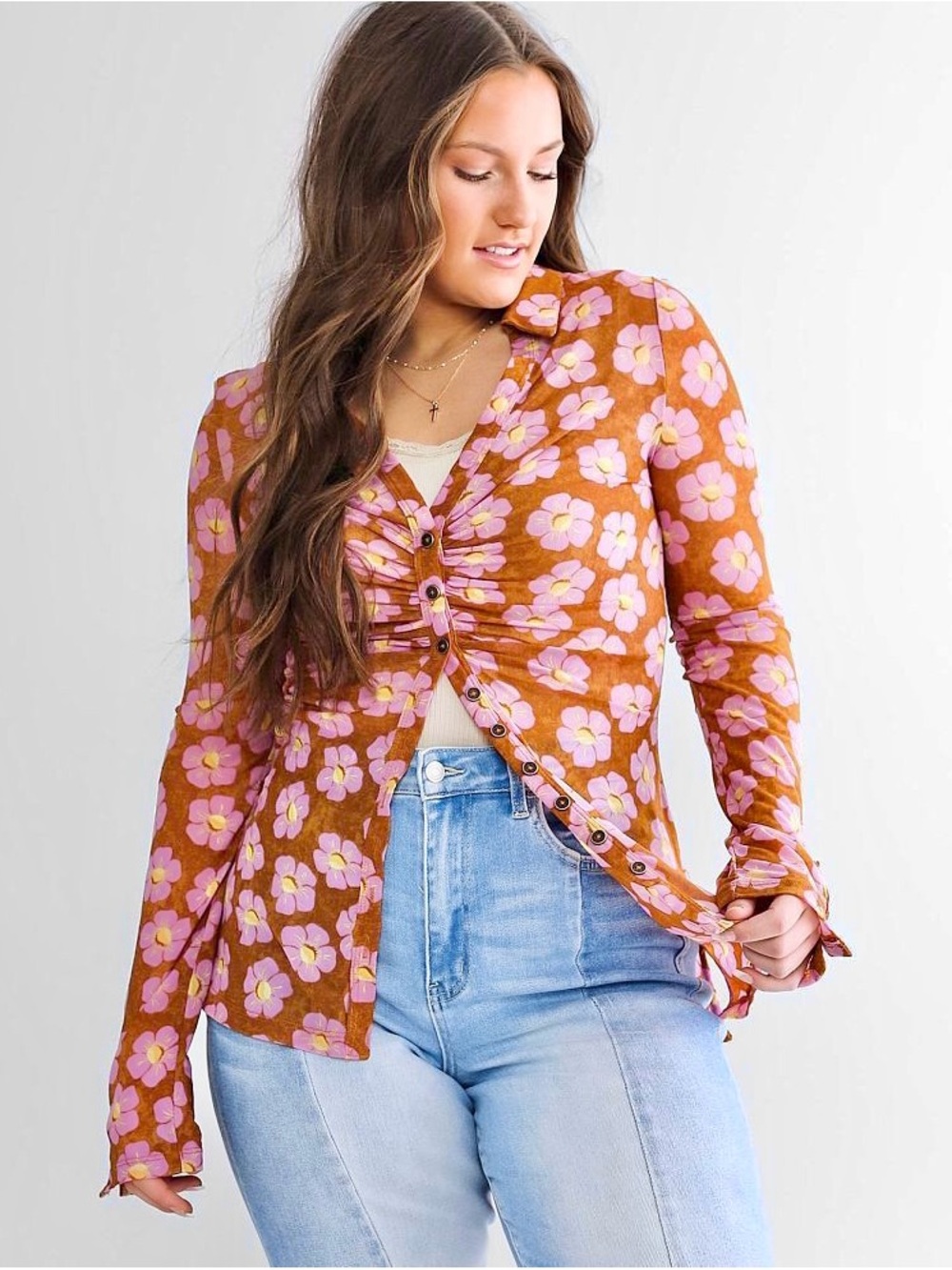 Women's Button Down Floral Shirts 2026 Summer Long Sleeve V Neck Sheer Mesh Tops